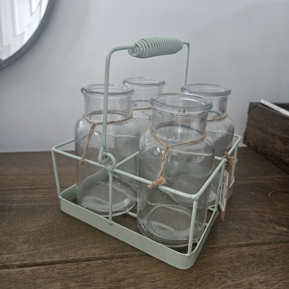 Wire Caddy 4 Bottle Bud Vases, Milk Bottle Style Bud Vases. Approximately